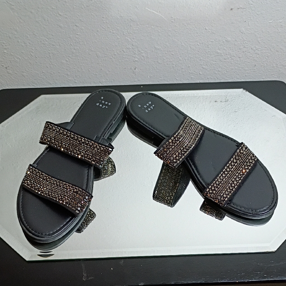 A . New Day Flip Flops Elegant Black Sandals with Rhinestone Straps